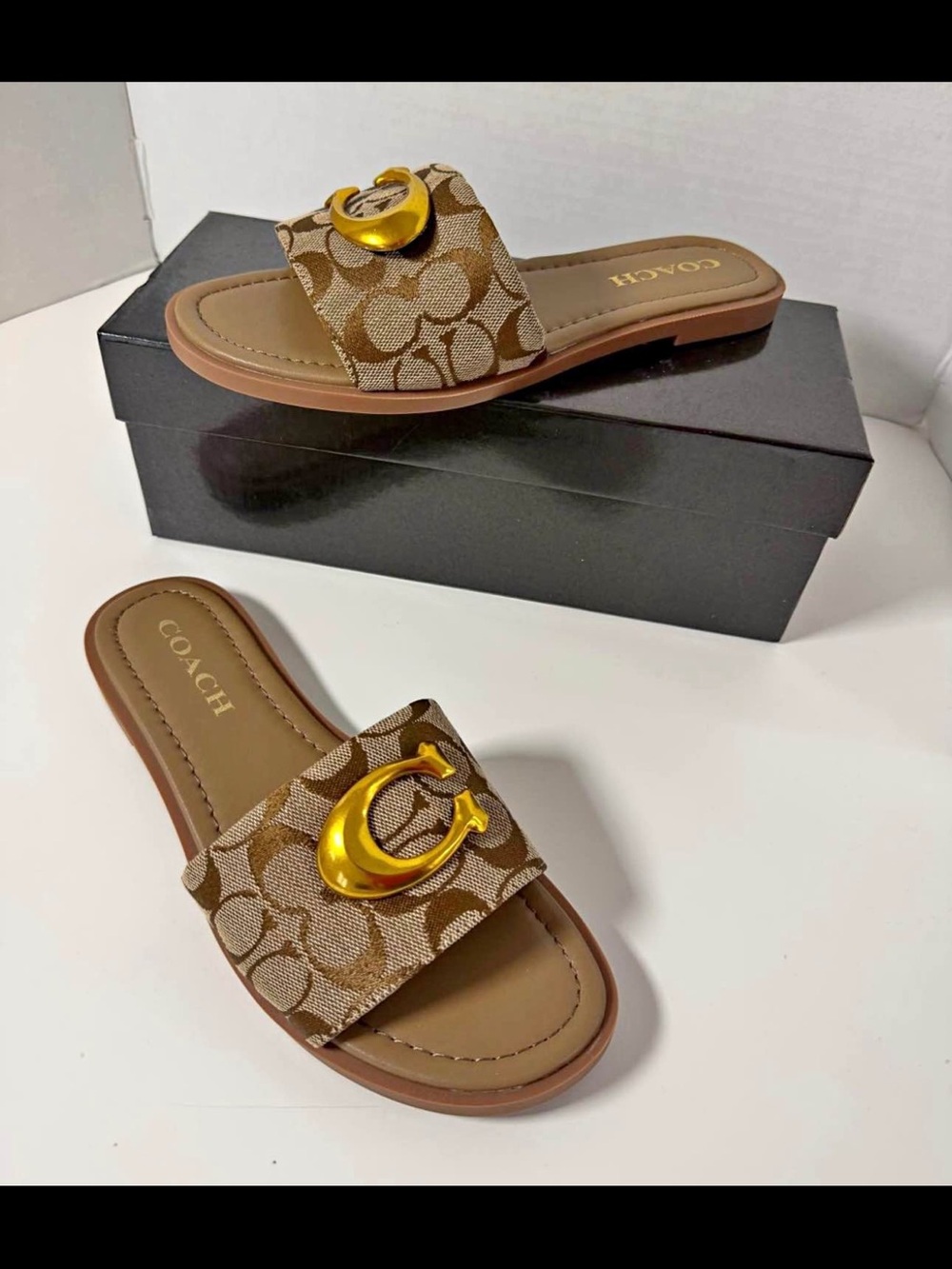 Women's Brown Signature Canvas Slide Sandals with Gold Accent